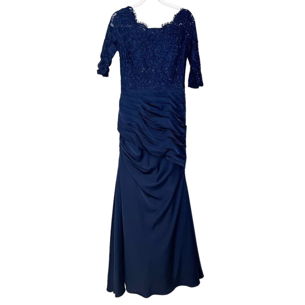La Femme Navy Sparkle Lace Ruched Satin Evening Gown. 24926 Style Size 8